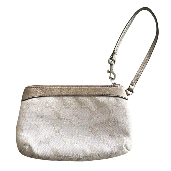 COACH Signature Metallic Khaki Gold Pleated Leather Top Zip Wristlet Bag Logo - Picture 3 of 8